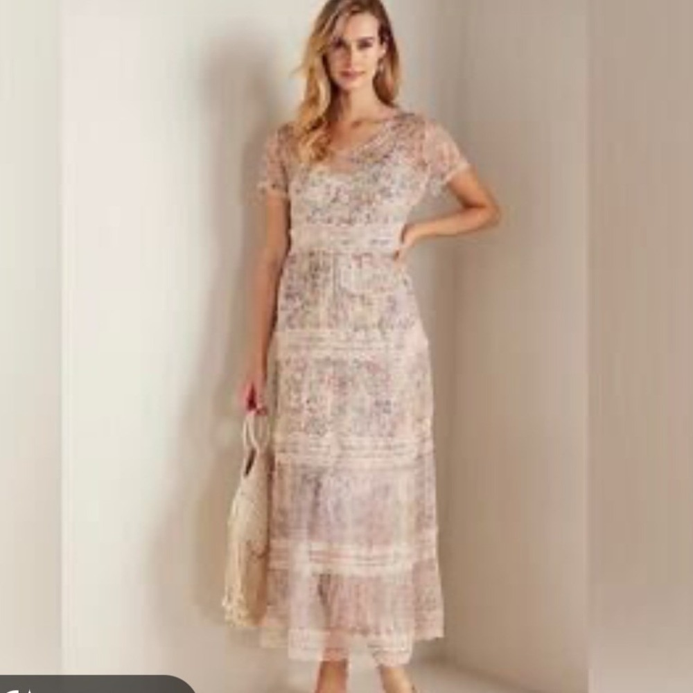 Soft Surroundings Althea Lace Trim Sheer Floral Dress Sz 10 Boho Cottage NO SLIP
